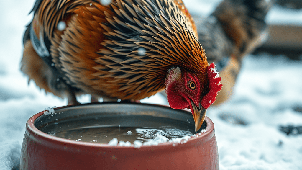 Chicken drinking water in winter